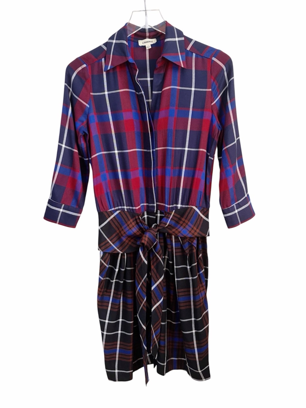 L'Agence | Mixed Print Tartan Plaid Tie Waist Kylie Shirt Dress Size 0 Fall